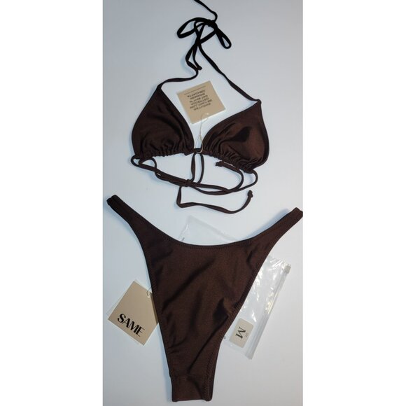 SAME Los Angeles Swim Bikini Set 2Pc Top High Weist Bottom 90s Brown SZ M - Picture 12 of 15